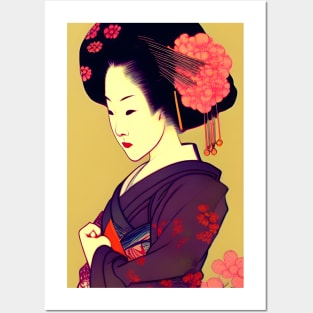 Traditional geisha art with flowers Posters and Art